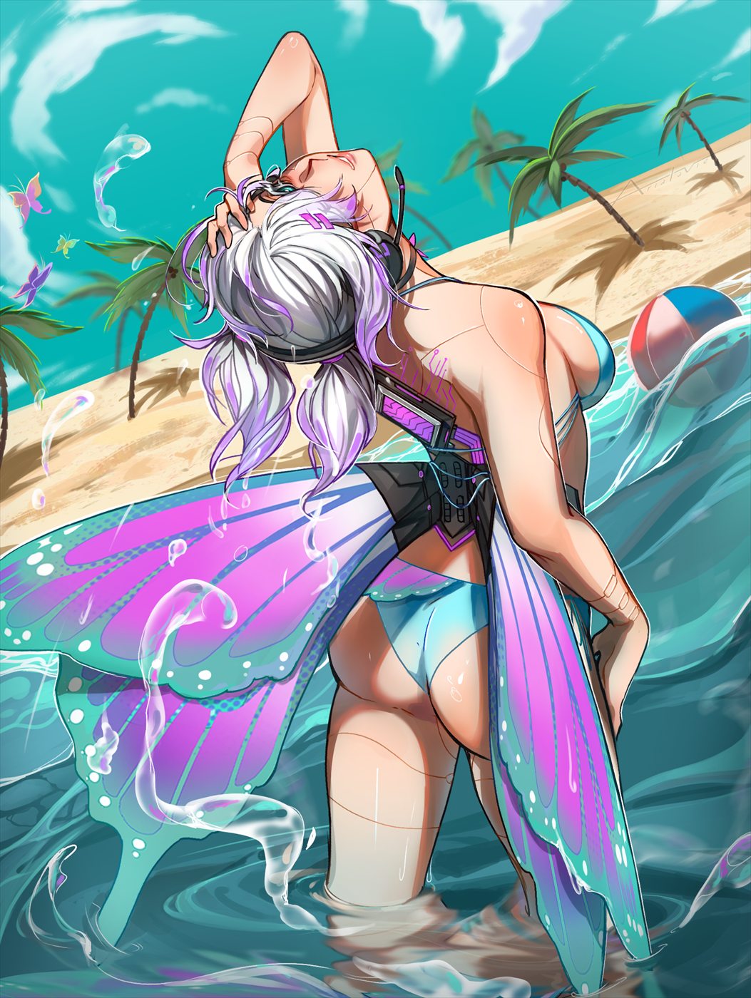 Ender at the beach with butterfly wings, by AriaLavie