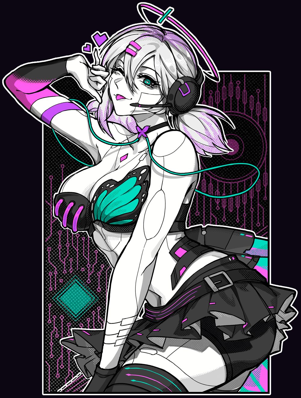 Monochrome Ender with pink and teal accents, by AriaLavie