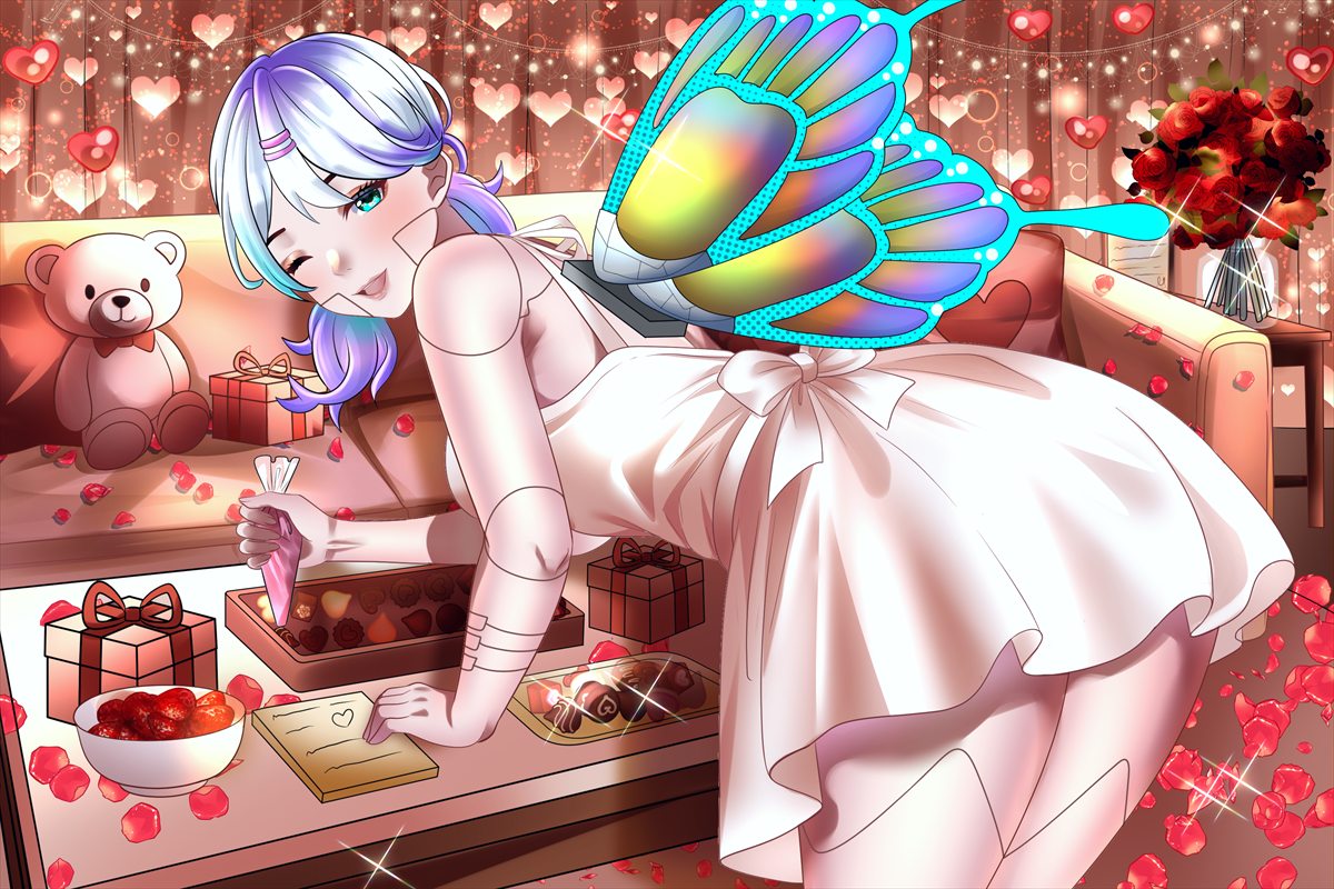 Ender in a white dress wrapping Valentine gifts