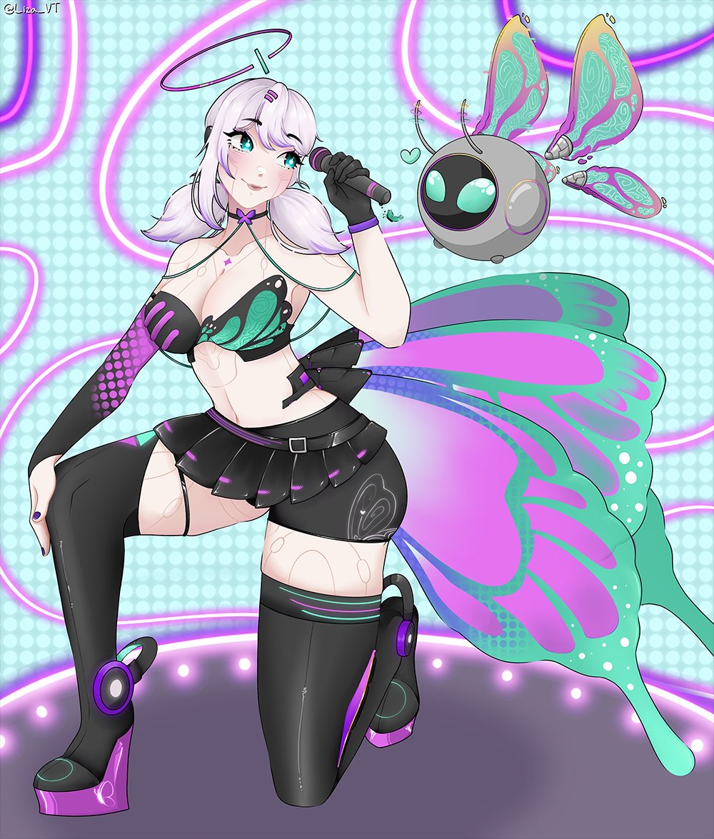 Ender Empress kneeling on stage with a mic and Nova, by LizaVT