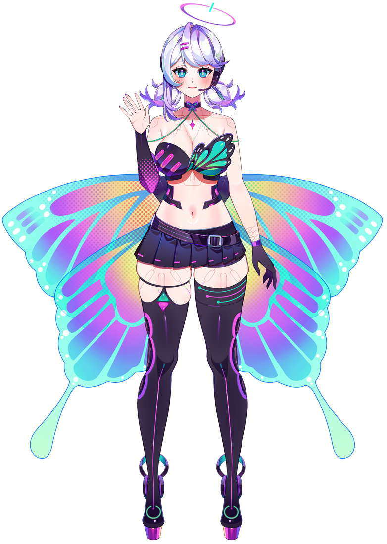 Ender Empress 2.0 waving hello, silver hair, pink halo, butterfly wings