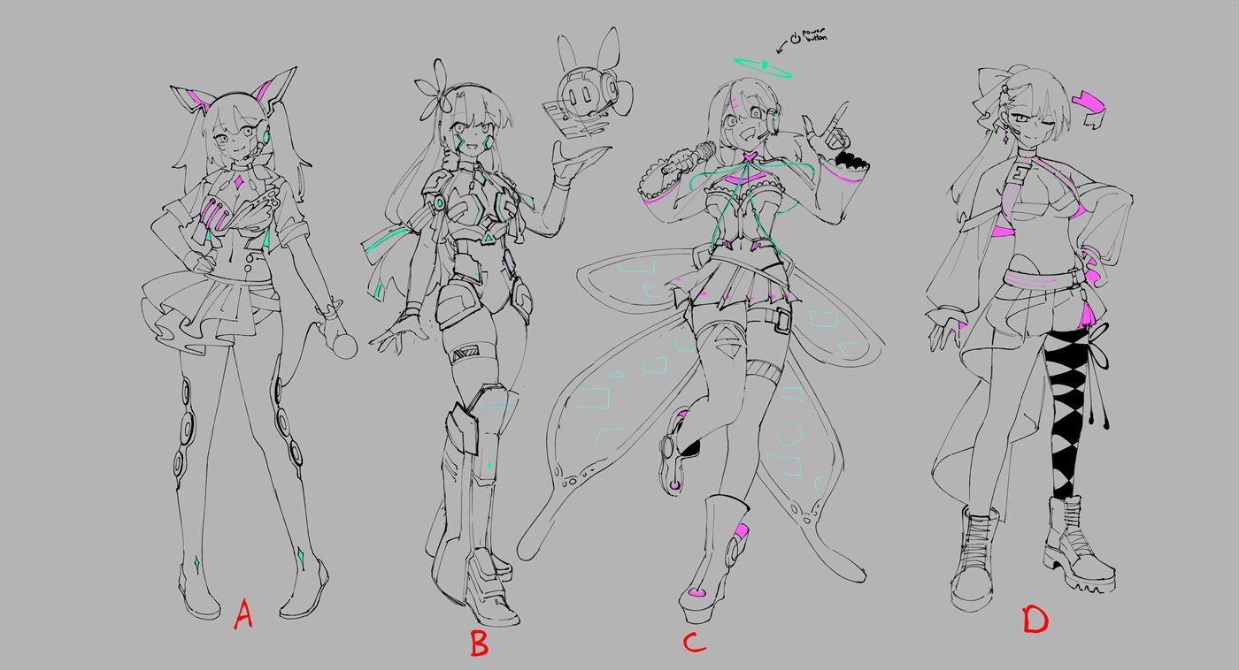 Four early concept sketches of the 2.0 design
